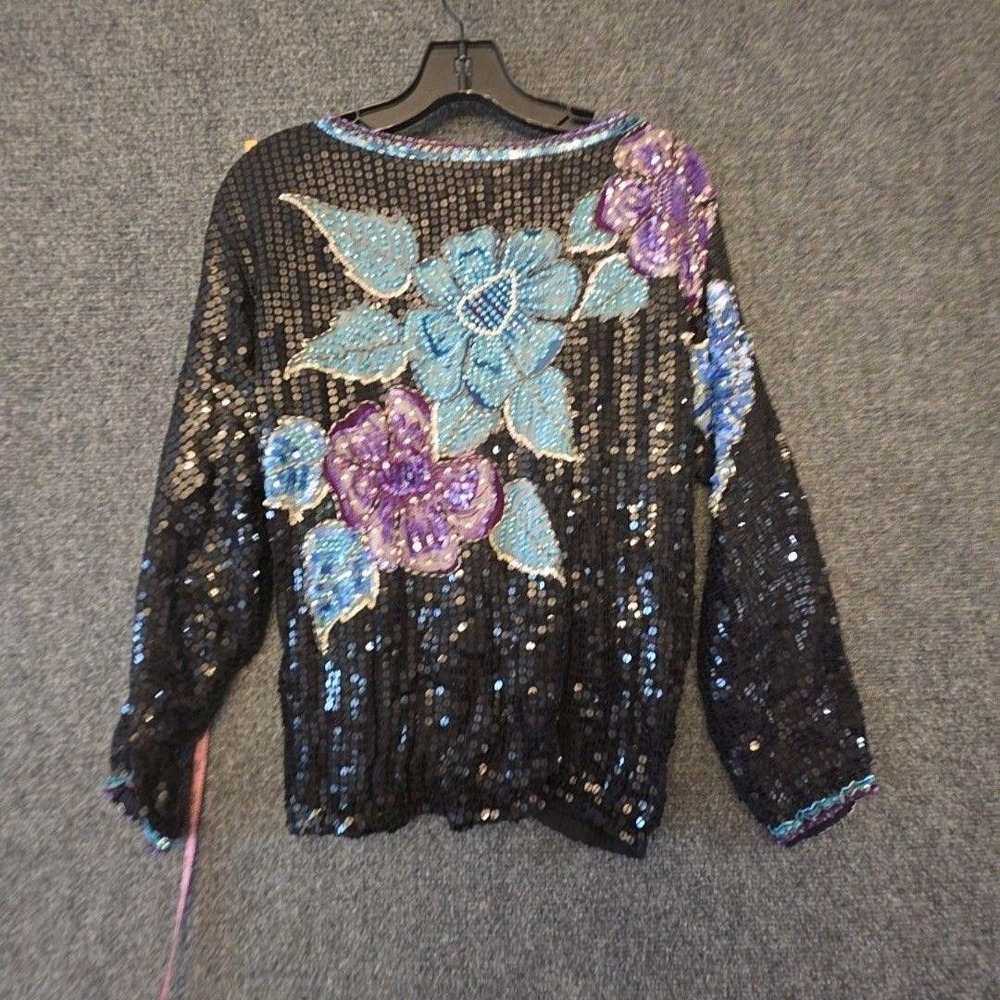 Fantasy by Lisa Kane Sequin Blouse Women's Medium Multicolor Beaded Floral Vtg
